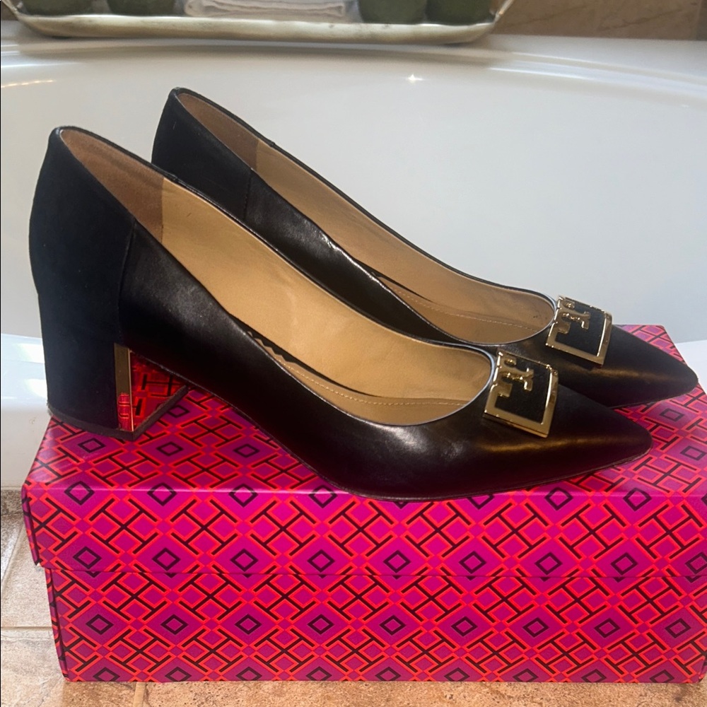 Elegant Black Heels with Gold Buckle